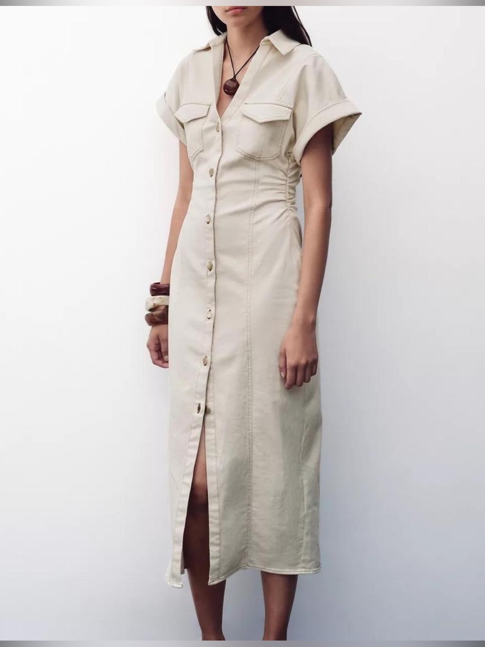 Zara Stretch Denim Shirt Dress in Ecru Gold Buttons Short Sleeves NWT